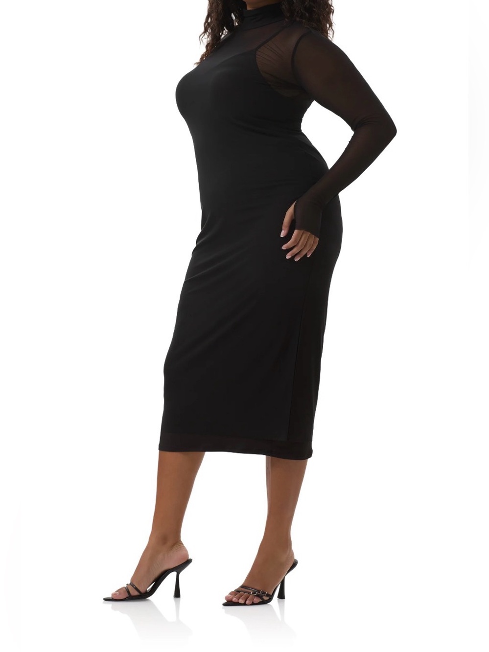 AFRM Black Long Sleeve Mesh Midi Dress